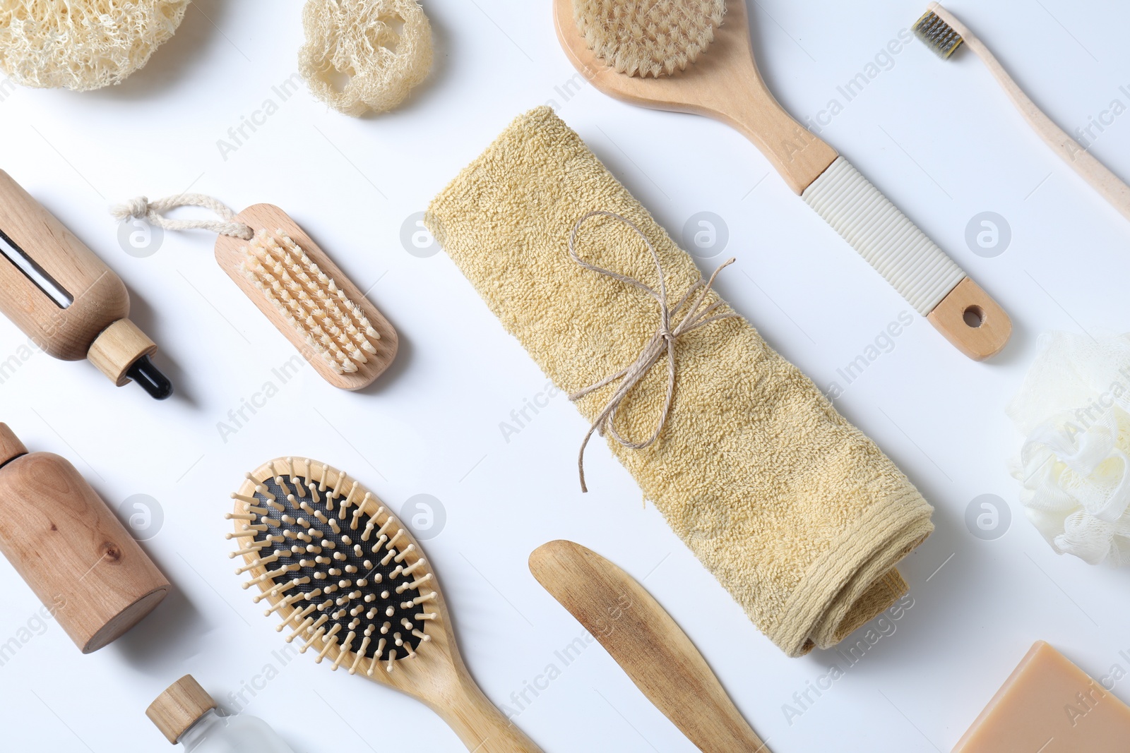 Photo of Bath accessories. Flat lay composition with personal care products on white background