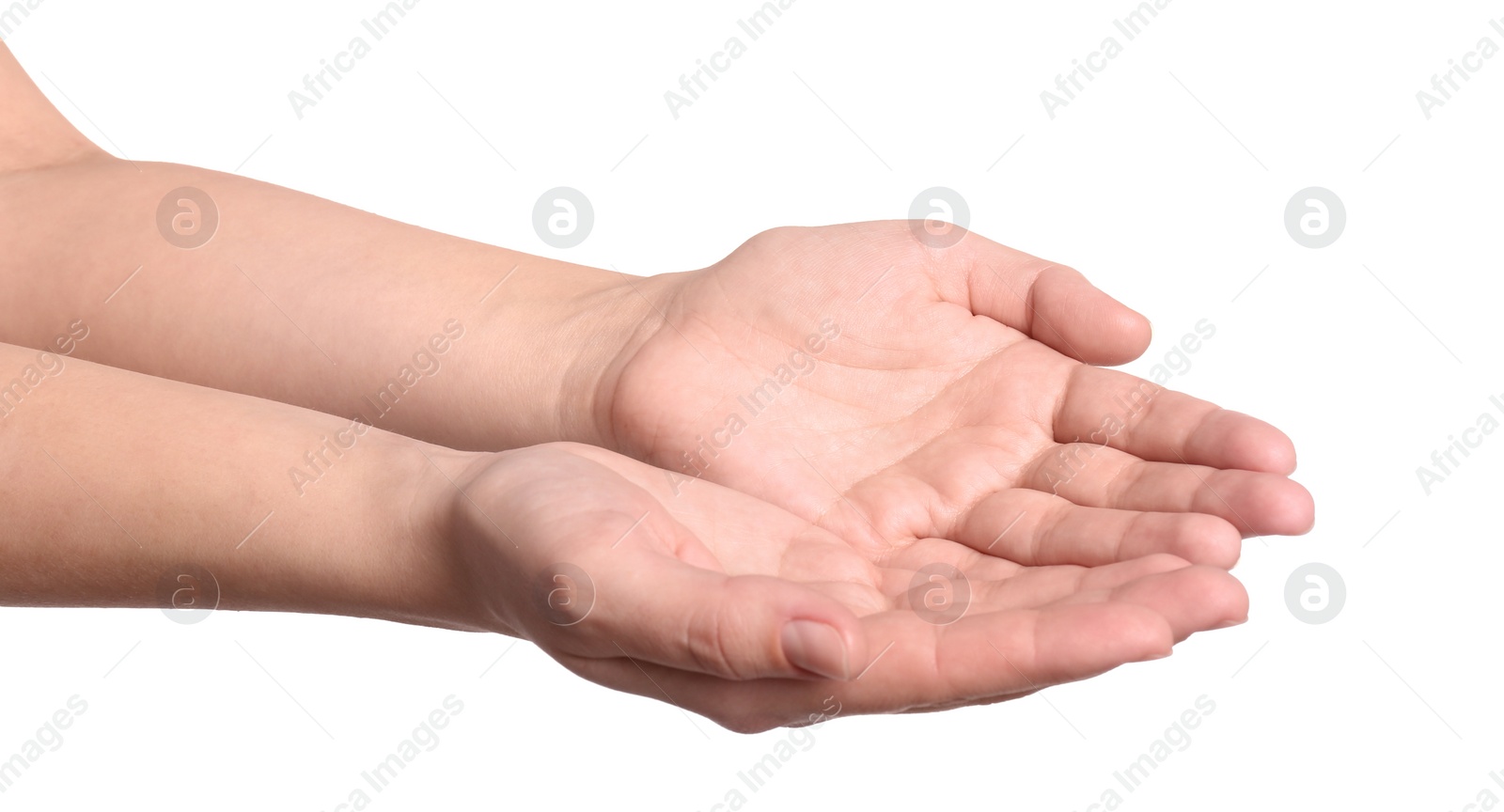 Photo of Woman against white background, closeup on hands