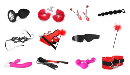 Set of different sex toys and accessories on white background