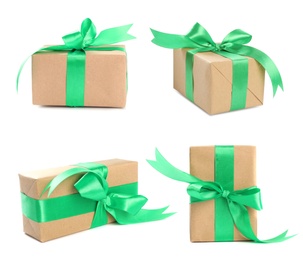 Image of Collage with Christmas gift box on white background, views from different sides