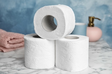 Toilet paper rolls on table. Personal hygiene