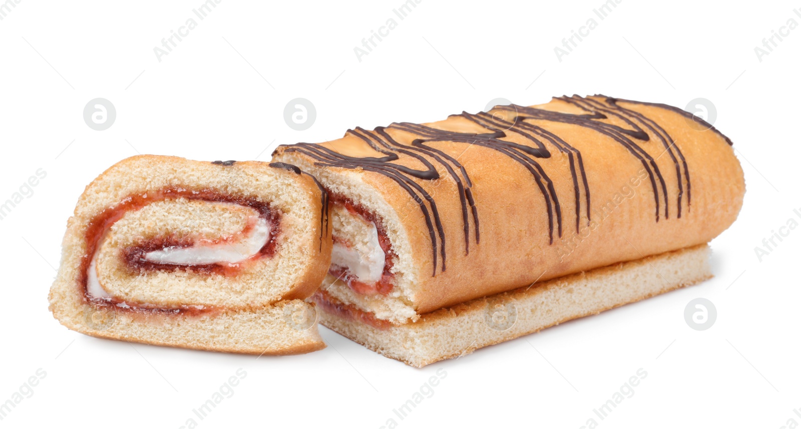 Photo of Tasty cake roll with cream and jam on white background