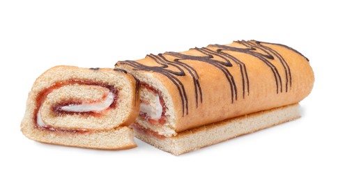 Tasty cake roll with cream and jam on white background