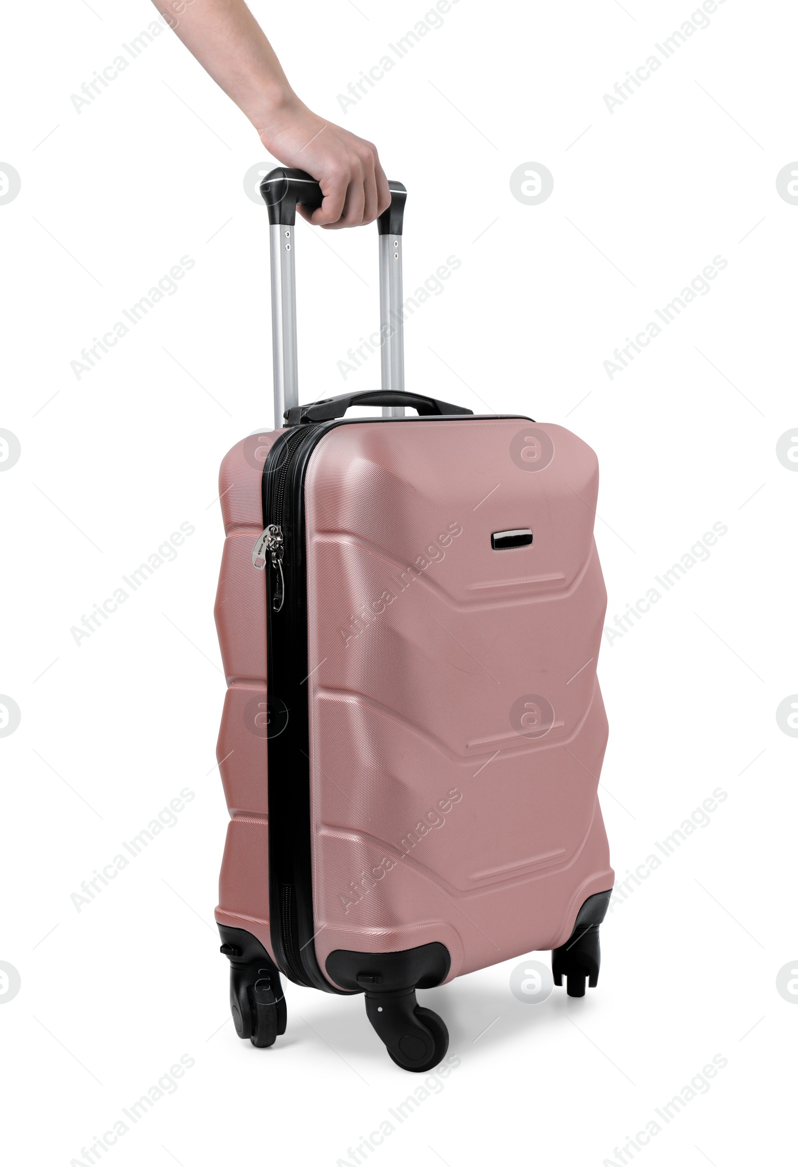 Photo of Woman with stylish suitcase on white background, closeup