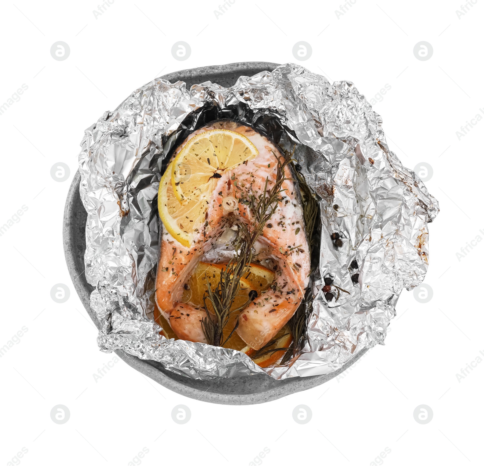 Photo of Tasty salmon baked in foil with lemon, spices and rosemary isolated on white, top view