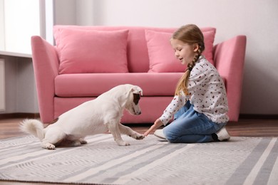 Cute little girl playing with her dog at home. Childhood pet