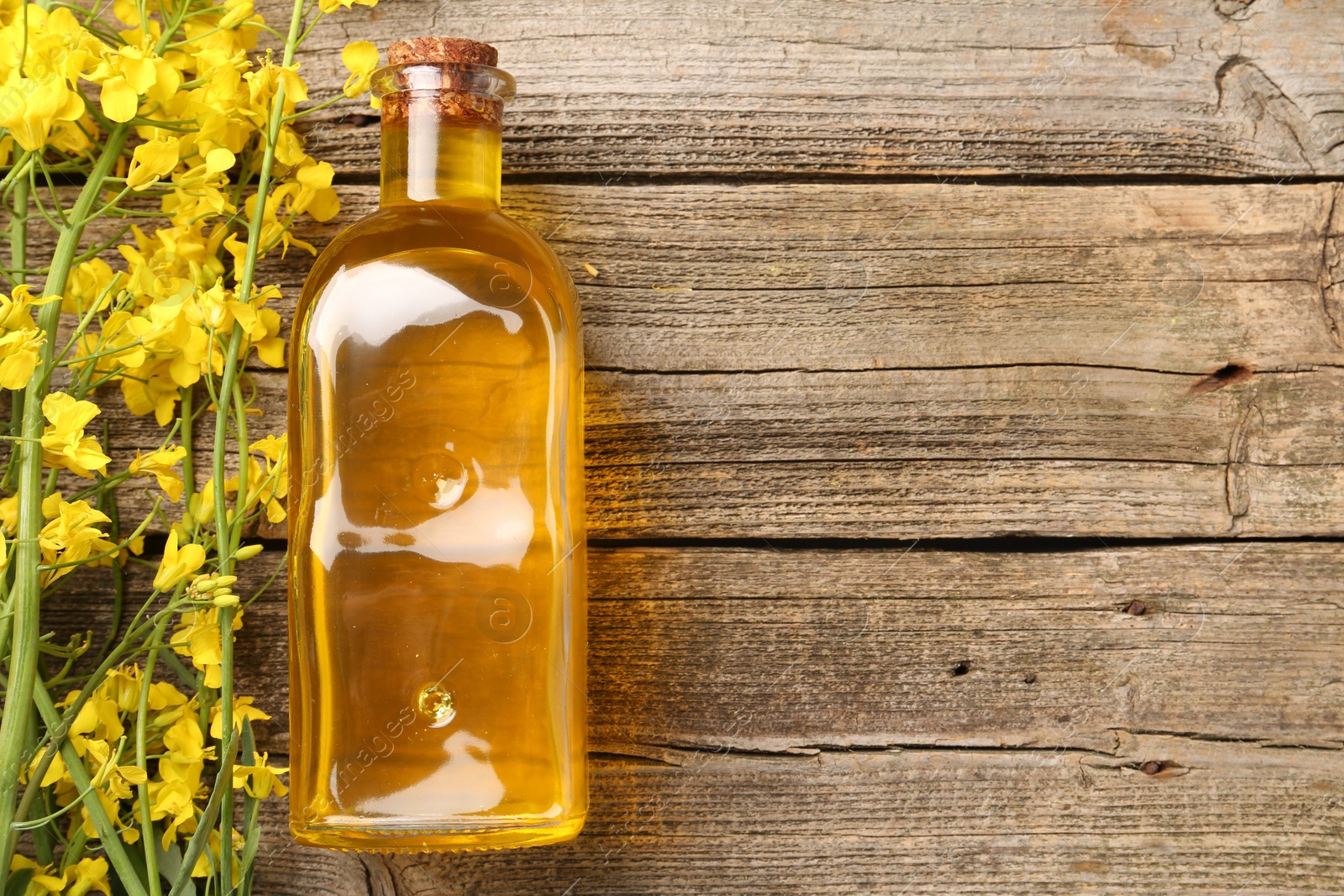 Photo of Rapeseed oil in glass bottle and beautiful yellow flowers on wooden table, flat lay. Space for text