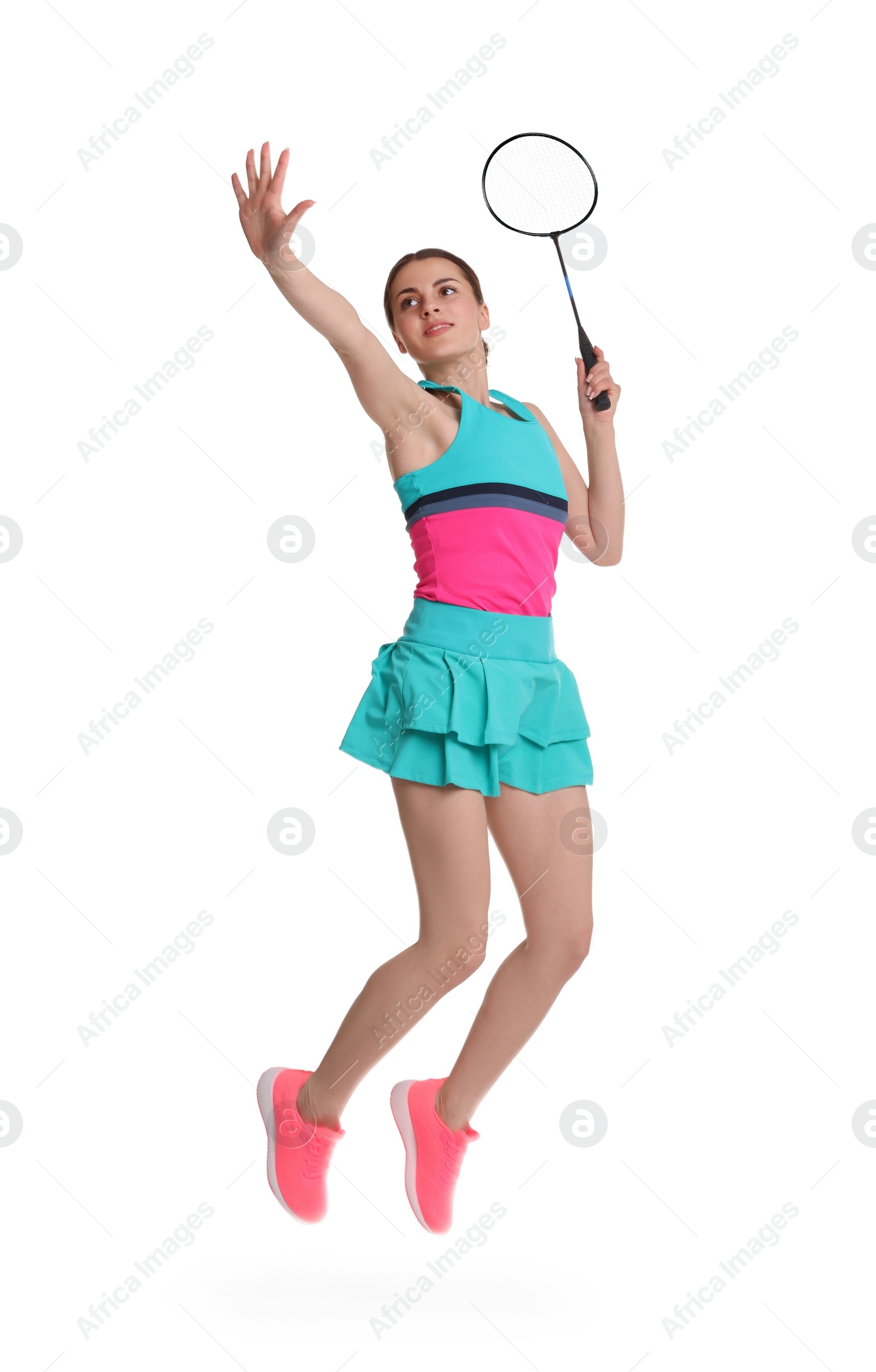 Photo of Young woman playing badminton with racket on white background