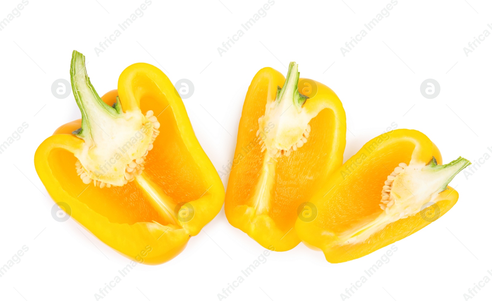 Photo of Cut yellow bell pepper isolated on white, top view