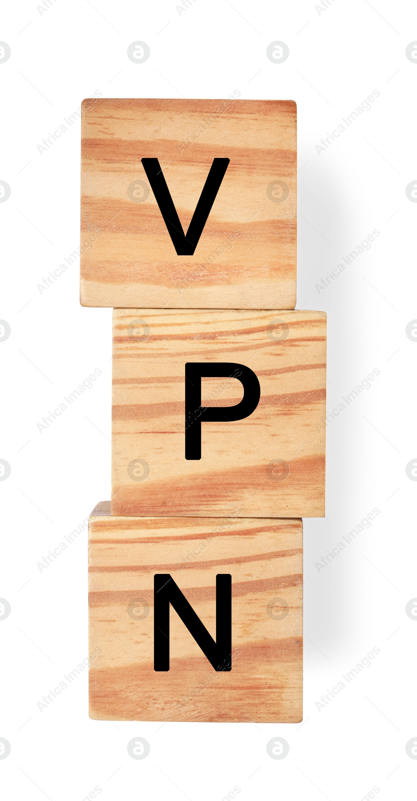 Photo of Cubes with acronym VPN on white background, top view