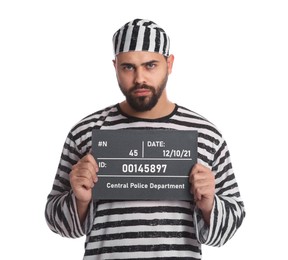 Photo of Prisoner in special uniform with mugshot letter board  on white background