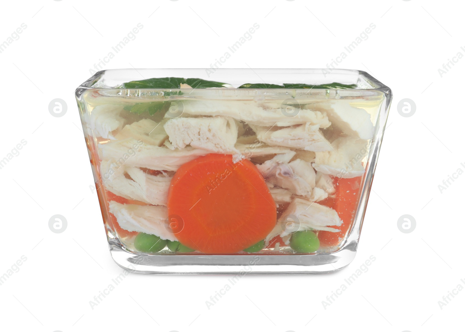 Photo of Delicious chicken aspic in glass bowl isolated on white