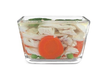 Photo of Delicious chicken aspic in glass bowl isolated on white