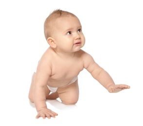 Photo of Cute little baby crawling on white background