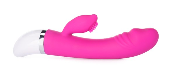 Photo of Pink vibrator on white background. Sex toy