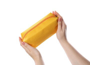 Photo of Woman with cosmetic bag isolated on white, closeup