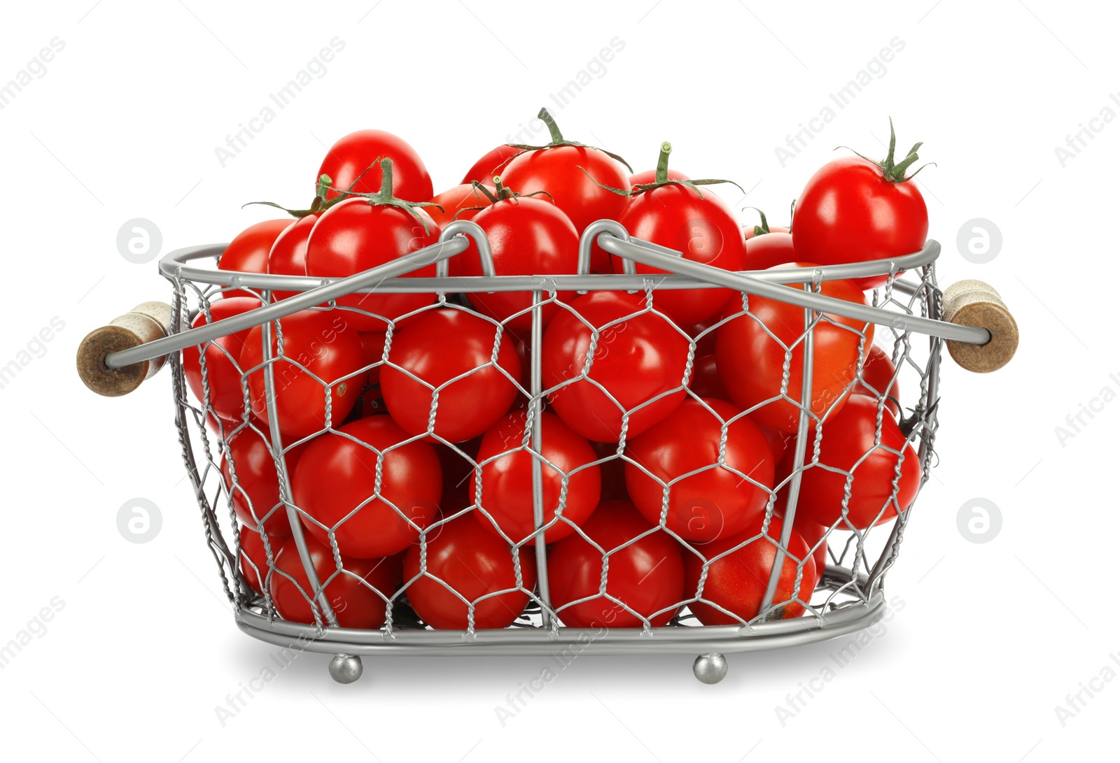 Basket with fresh ripe cherry tomatoes isolated on white Photo of Basket with fresh ripe cherry tomatoes isolated on white