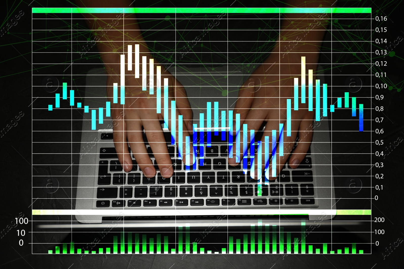 Image of Finance trading concept. Man working with laptop and chart