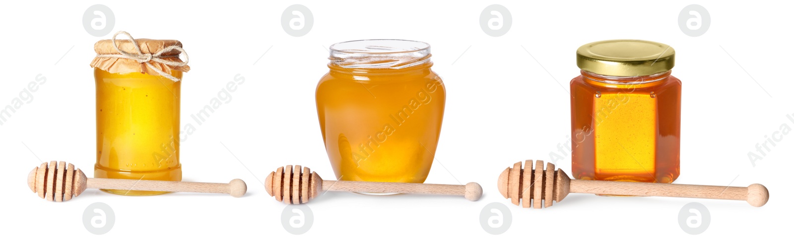 Image of Natural honey in glass jars and dippers isolated on white, set