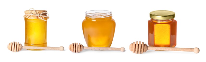 Image of Natural honey in glass jars and dippers isolated on white, set