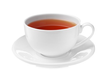 Photo of Ceramic cup of aromatic rooibos tea isolated on white