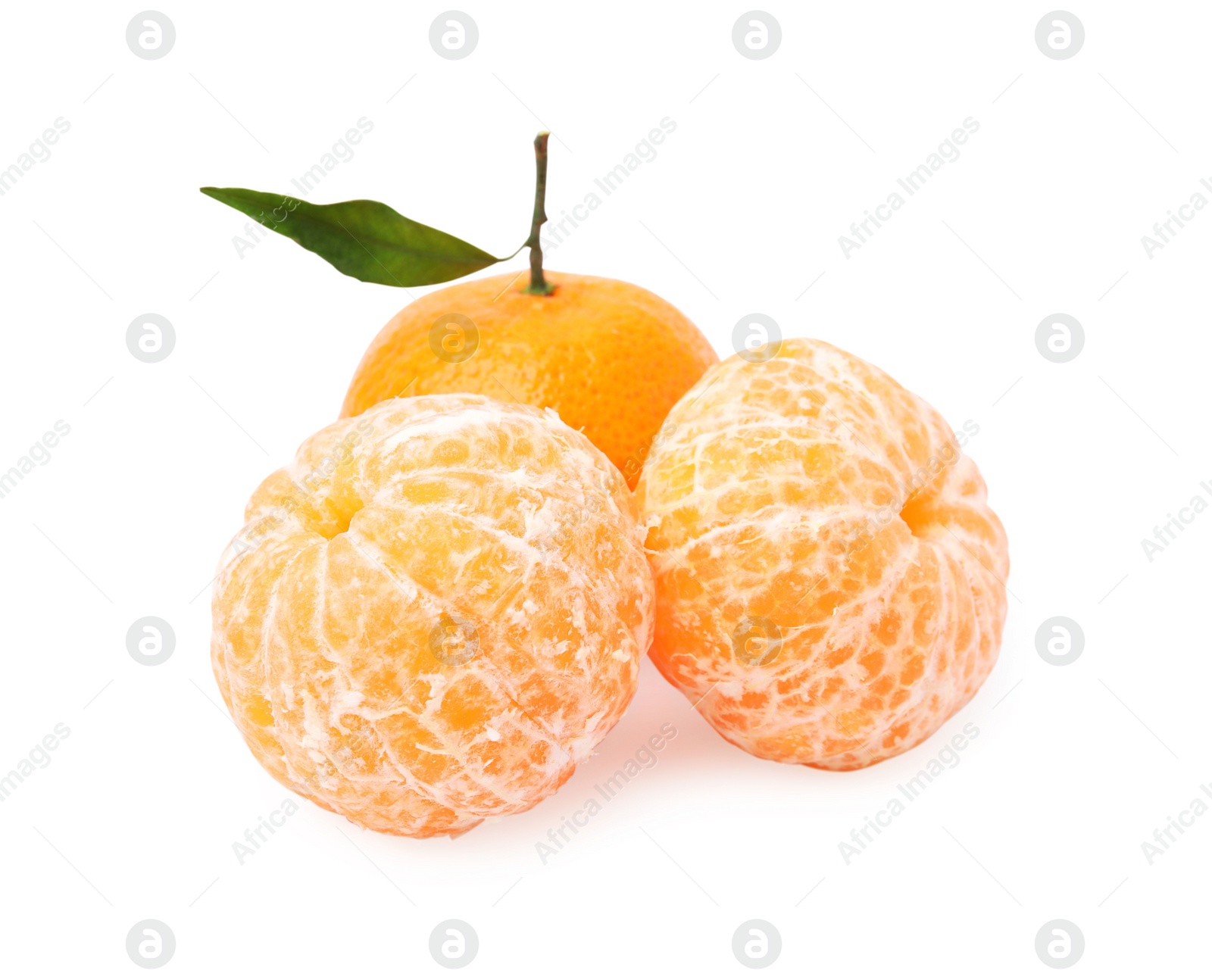 Photo of Fresh ripe juicy tangerines with green leaf on white background