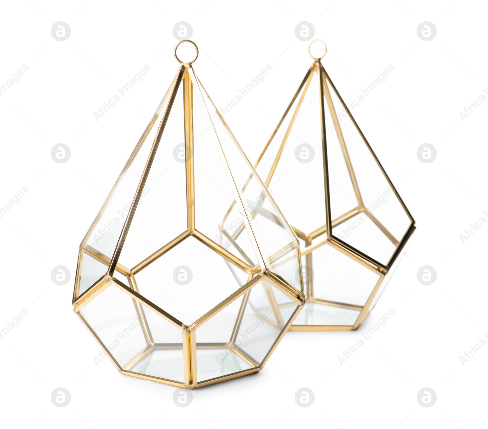 Photo of Stylish gold candle holders on white background