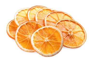 Photo of Delicious dry orange slices on white background
