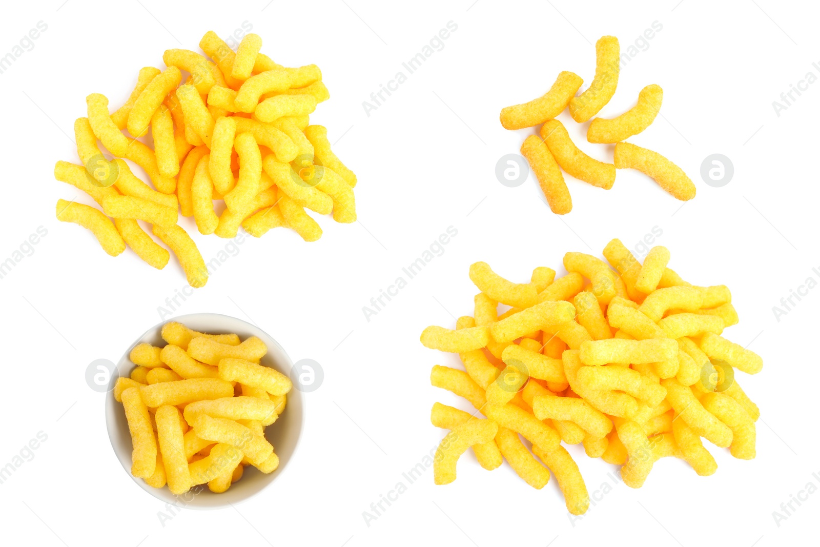 Image of Collage of tasty corn sticks on white background, top view