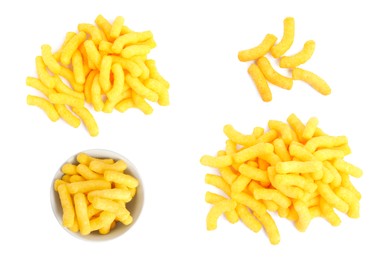 Collage of tasty corn sticks on white background, top view