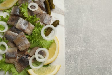 Photo of Sliced salted herring fillet served with lettuce, pickles, onion rings and lemon on grey table, top view. Space for text
