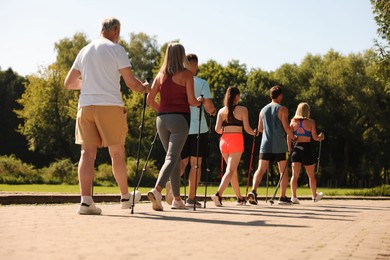 Group of people practicing Nordic walking with poles in park on sunny day, back view