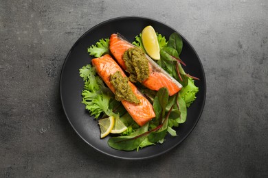 Photo of Tasty cooked salmon with pesto sauce on dark grey table, top view