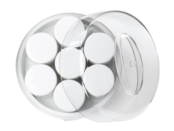 Modern yogurt maker with jars on white background, top view