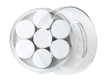 Photo of Modern yogurt maker with jars on white background, top view