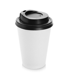 Photo of Takeaway paper coffee cup with lid on white background. Space for design