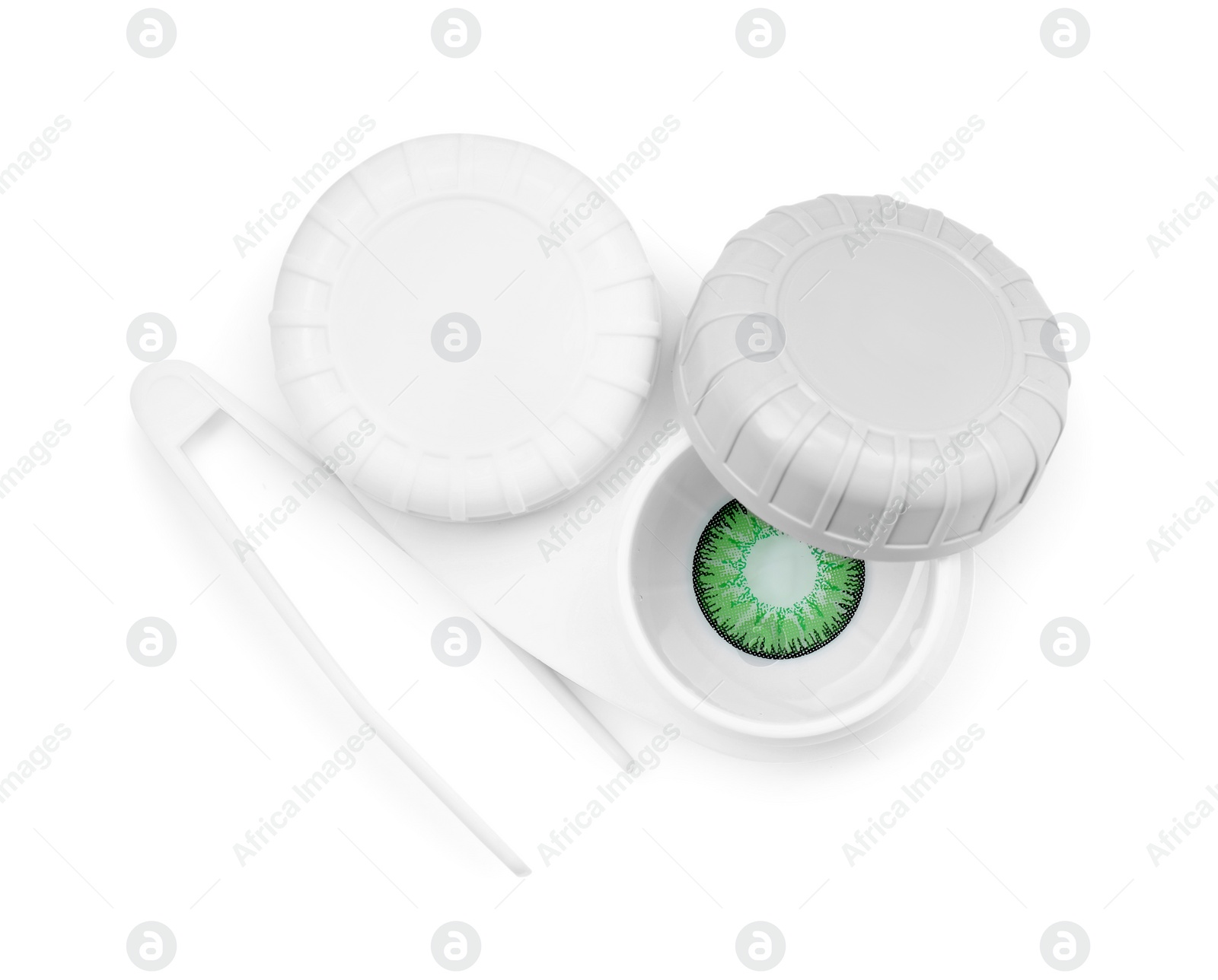 Photo of Case with green contact lenses and tweezers isolated on white, top view