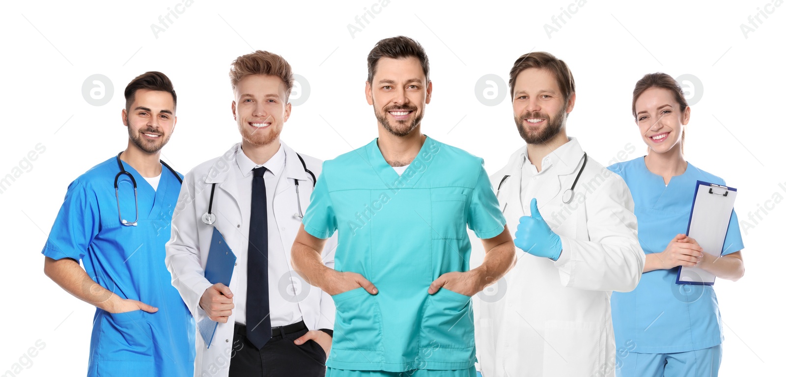 Image of Happy medical nurses on white background, set of photos