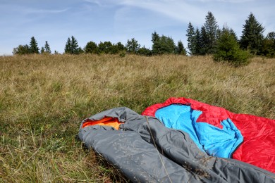 Photo of Sleeping bags on green grass outdoors, space for text