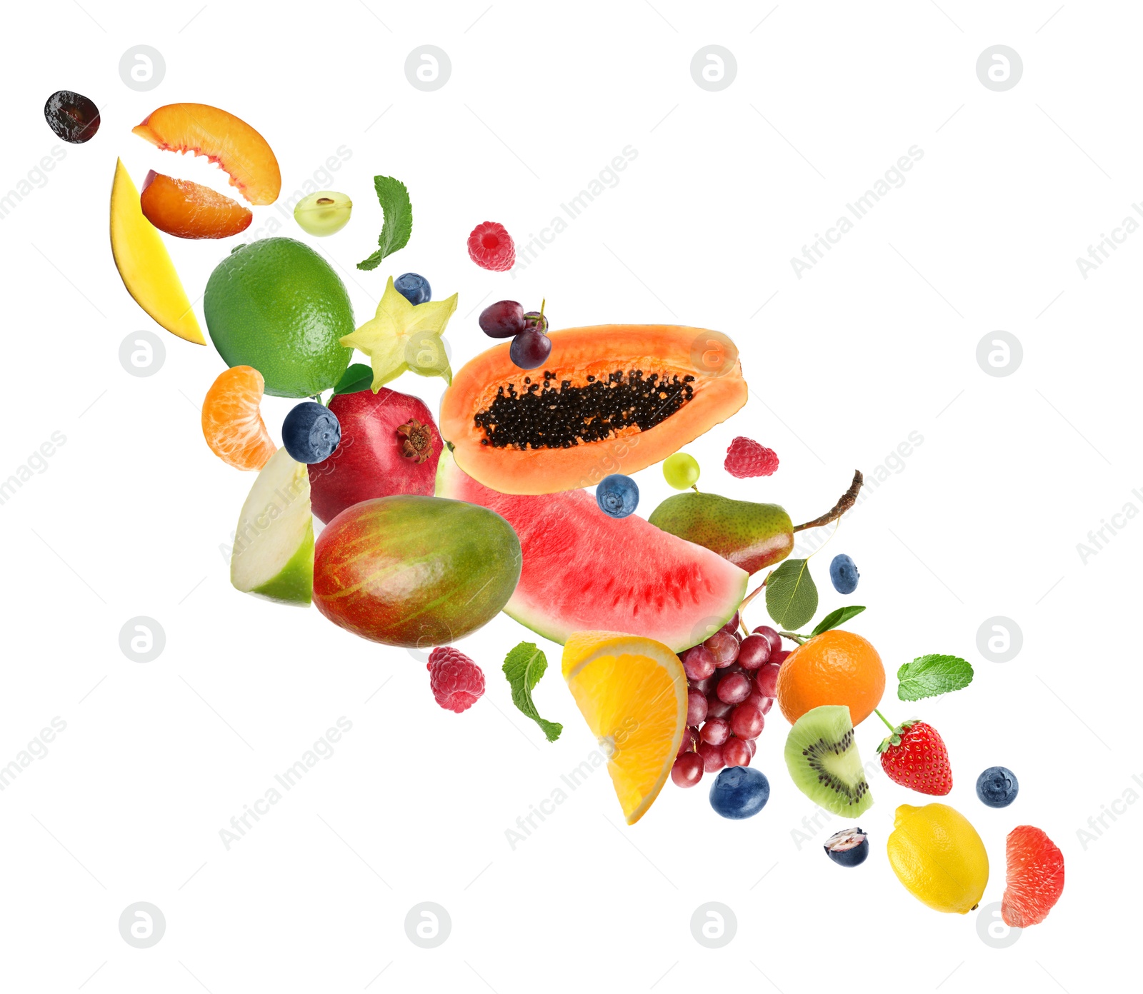 Image of Set of different fresh fruits and berries on white background