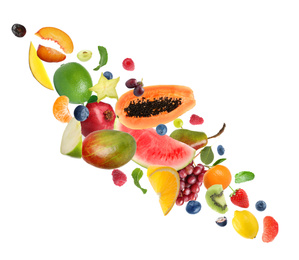 Image of Set of different fresh fruits and berries on white background