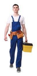 Professional repairman with tool box on white background