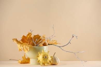 Composition with beautiful autumn leaves, tree branches and pumpkins on table against beige background, space for text