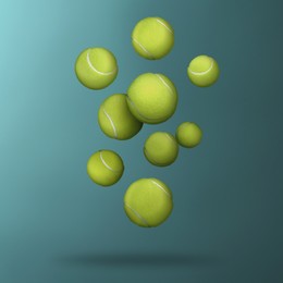 Image of Many tennis balls falling on teal gradient background