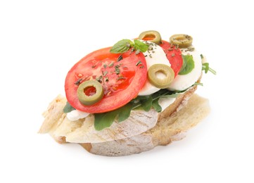 Photo of Tasty bruschetta with tomatoes, mozzarella and olives on white background