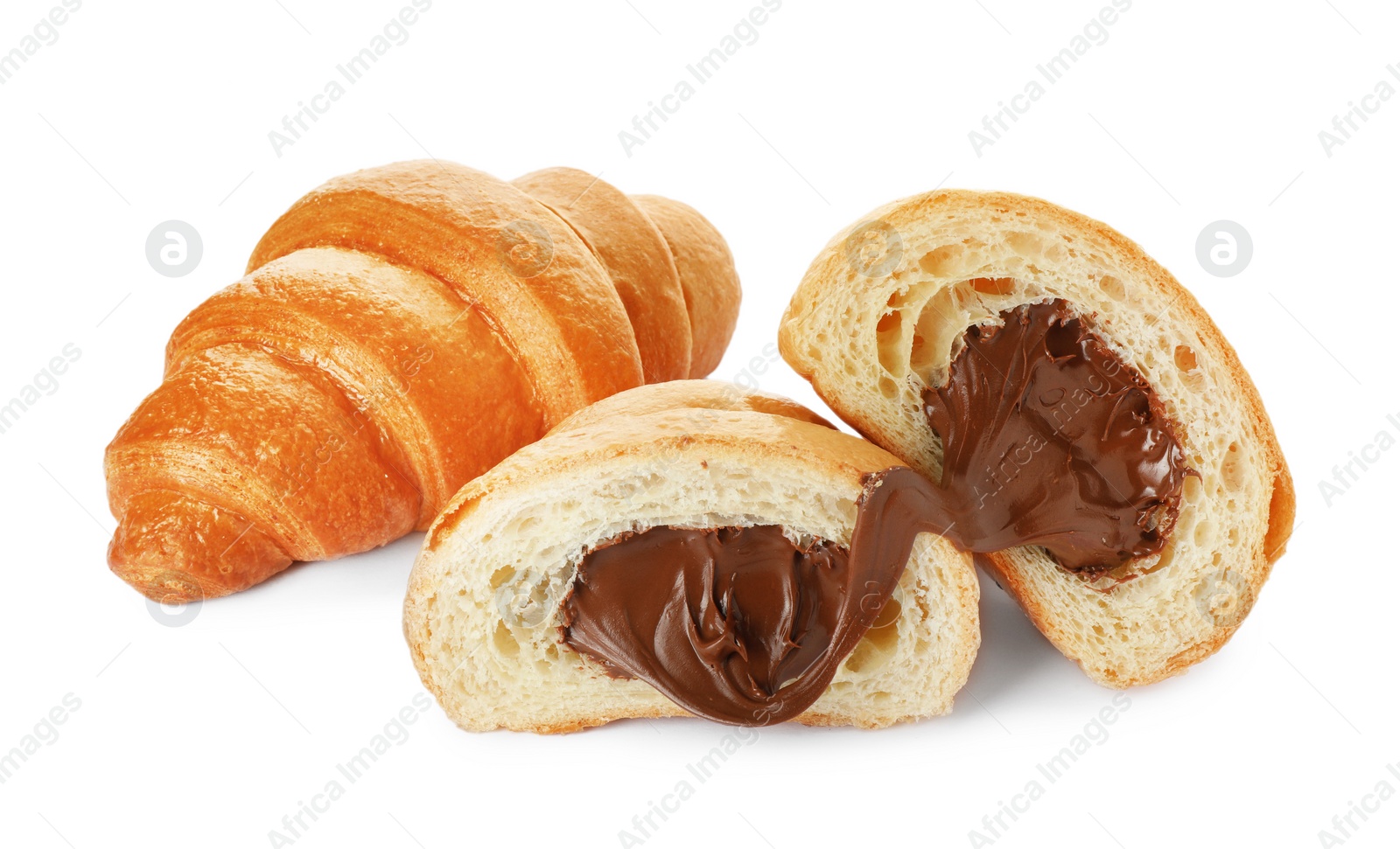 Photo of Delicious fresh croissants with chocolate isolated on white