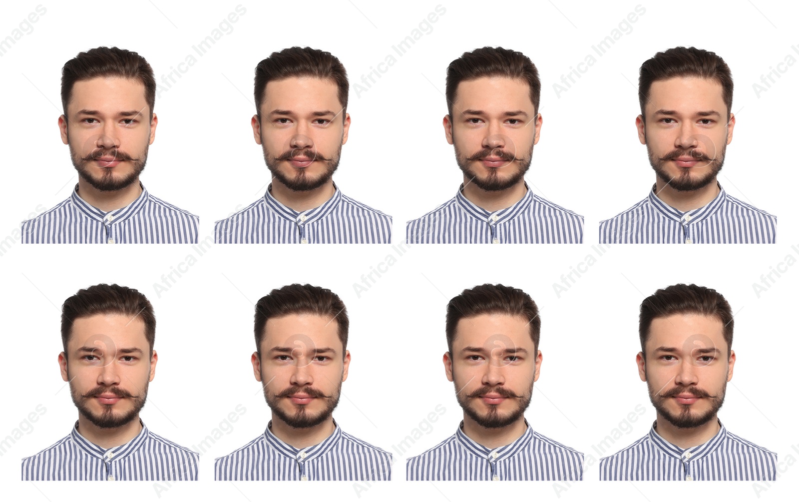 Image of Passport photo, collage. Man on white background, set of photos