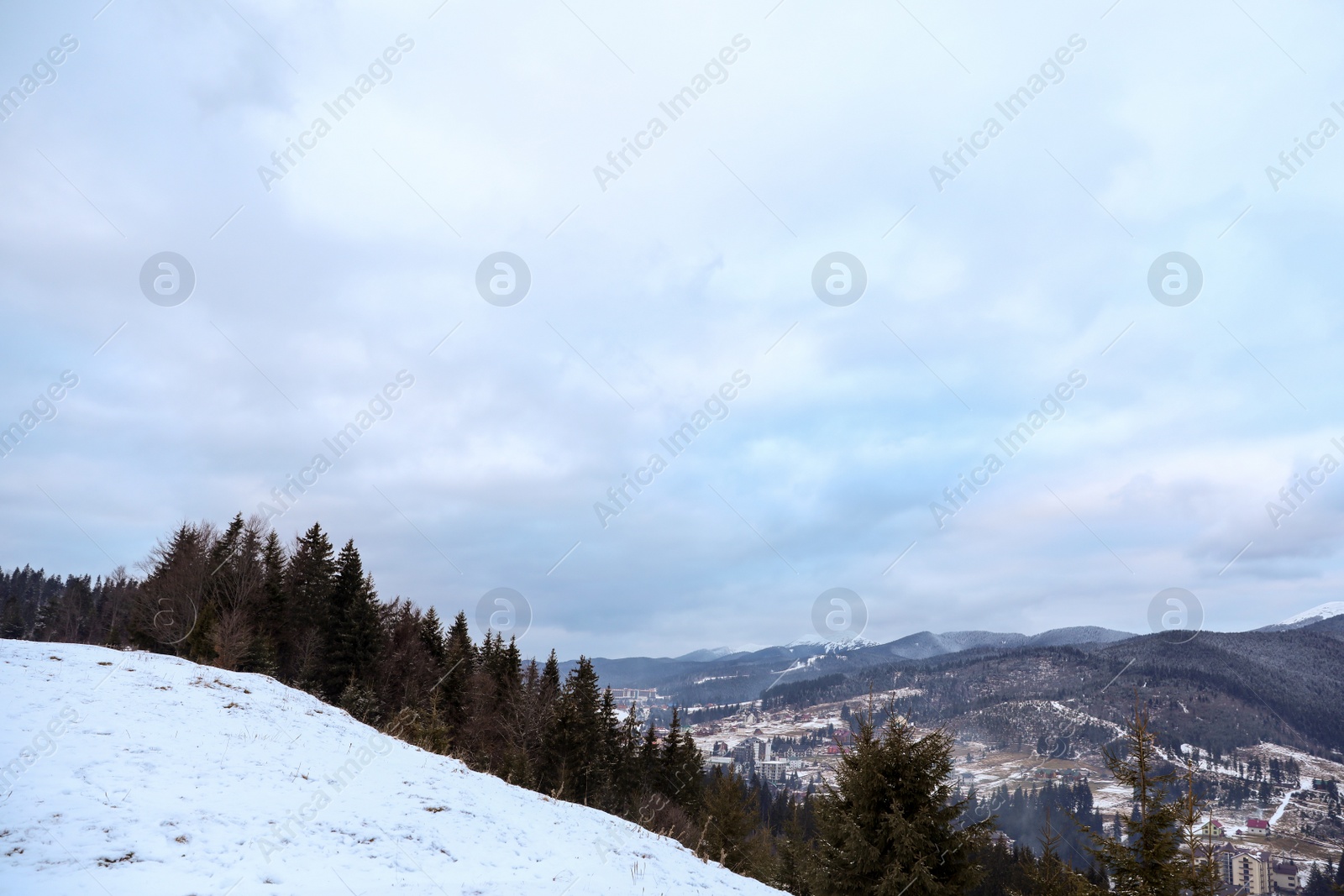 Photo of Winter landscape with mountain village near conifer forest