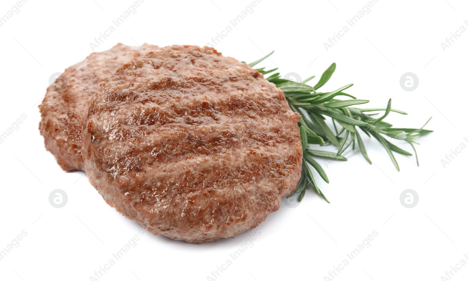 Photo of Tasty grilled hamburger patties with rosemary on white background