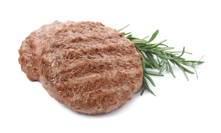 Photo of Tasty grilled hamburger patties with rosemary on white background